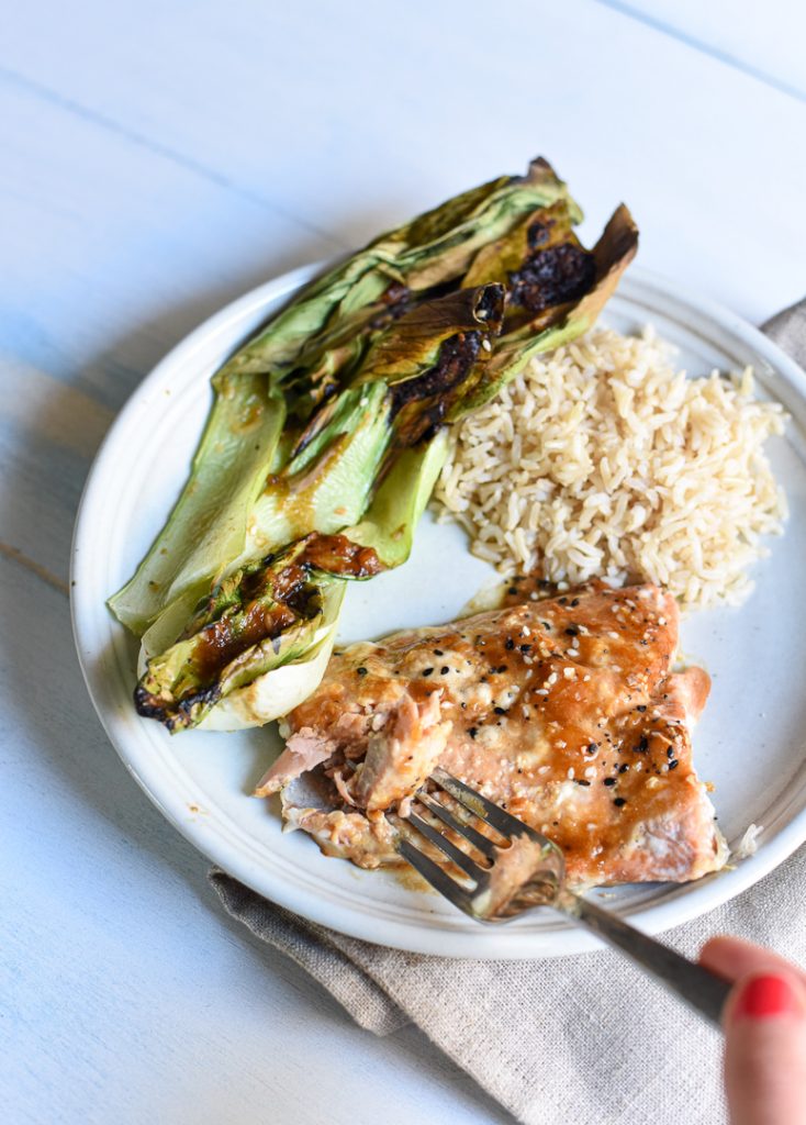Roasted Ginger Miso Salmon with Bok Choy and Brown Rice