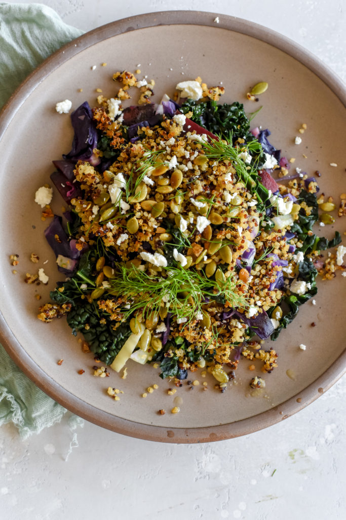 warm kale salad crispy quinoa