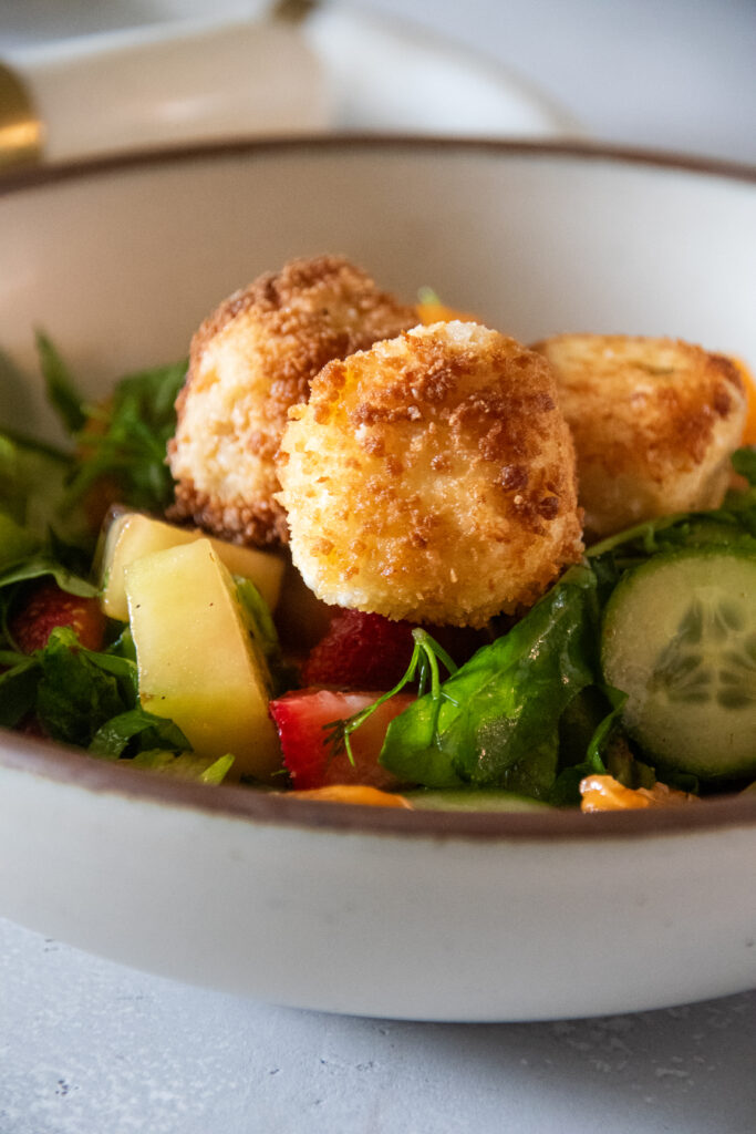 fruit salad with fried goat cheese fruit salad with fried goat cheese